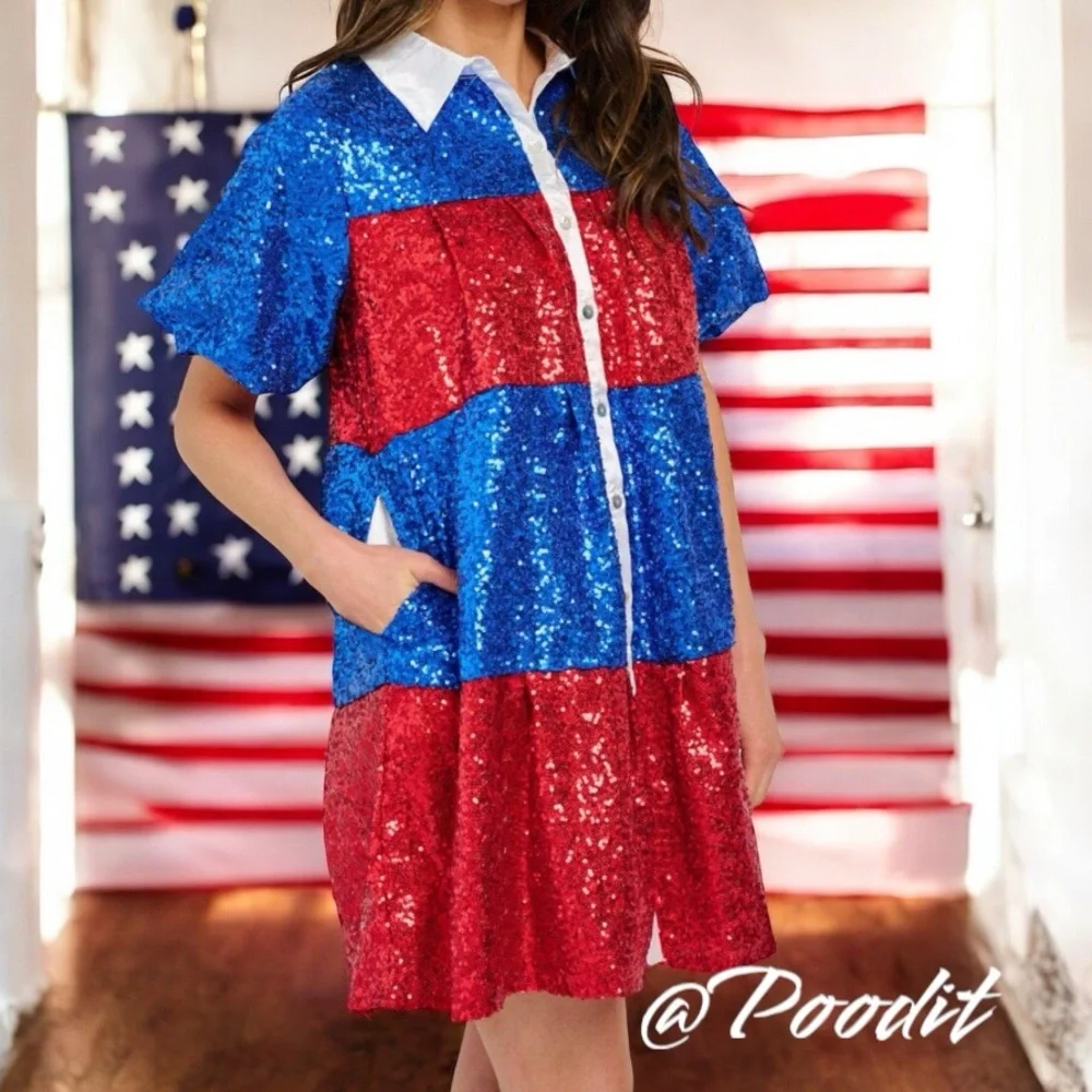 Peach Love California Red and Blue Sequin Mini Dress S M L - Picture 2 of 8